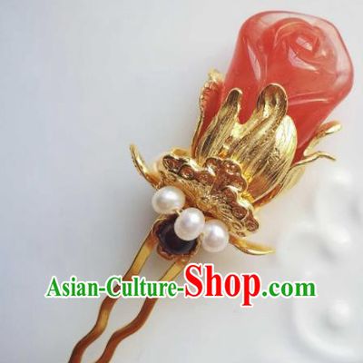 Chinese Ancient Princess Agate Mangnolia Hairpin Traditional Hair Accessories Handmade Qing Dynasty Imperial Consort Pearls Hair Stick