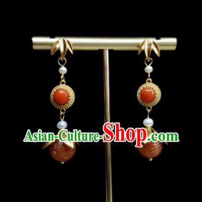Handmade Chinese National Agate Carving Earrings Traditional Ear Jewelry Qing Dynasty Golden Bamboo Leaf Eardrop Cheongsam Ear Accessories