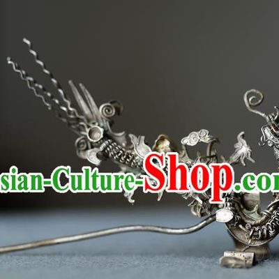 Chinese Handmade Qing Dynasty Filigree Dragon Hair Stick Ancient Empress Silver Hairpin Traditional Vintage Hair Accessories
