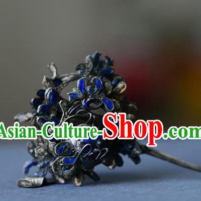 Chinese Traditional Court Woman Hair Accessories Handmade Qing Dynasty Cloisonne Hair Stick Ancient Empress Silver Hairpin