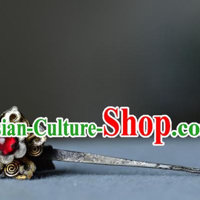Chinese Traditional Ruby Hair Accessories Handmade Qing Dynasty Court Woman Hair Stick Ancient Palace Lady Silver Hairpin