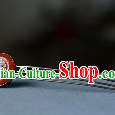 Chinese Ancient Palace Lady Silver Hairpin Traditional Hair Accessories Handmade Qing Dynasty Court Woman Agate Hair Comb