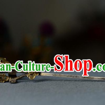 Chinese Ancient Imperial Consort Jade Hairpin Traditional Silver Headpiece Handmade Qing Dynasty Court Woman Hair Stick