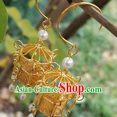 Handmade Chinese Qing Dynasty Empress Ear Accessories National Golden Lantern Earrings Traditional Pearls Eardrop Cheongsam Ear Jewelry