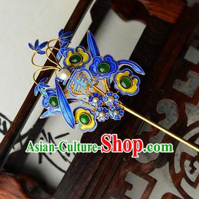 Chinese Traditional Cloisonne Headpiece Handmade Qing Dynasty Empress Hair Stick Ancient Court Woman Jade Hairpin