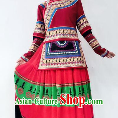 Chinese Yi Ethnic Group Garment Costumes Da Liangshan Nationality Festival Dress National Minority Female Dance Red Uniforms