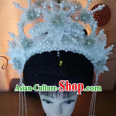 Chinese Peking Opera Diva Hair Accessories Ancient Princess Phoenix Coronet Headdress Beijing Opera Diva White Flowers Hair Crown