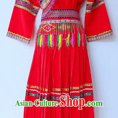 Chinese Lisu National Minority Female Dance Red Uniforms Yi Ethnic Group Garment Costumes Sichuan Nationality Festival Dress