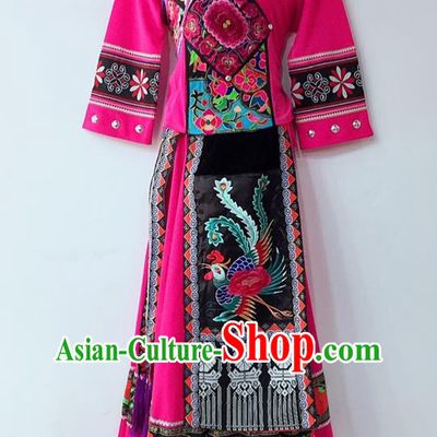 Chinese Yi Ethnic Group Female Garment Costumes Sichuan Nationality Festival Dress Tujia National Minority Wedding Rosy Uniforms