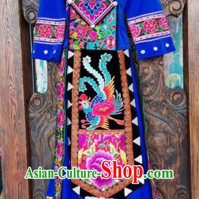 Chinese Tujia National Minority Wedding Blue Uniforms Yi Ethnic Group Female Garment Costumes Sichuan Nationality Festival Dress