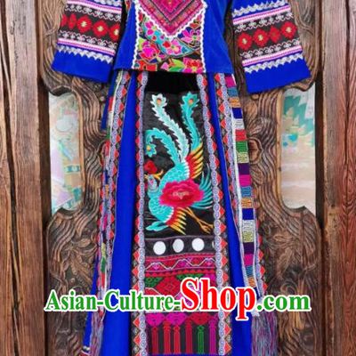 Chinese Tujia Nationality Dance Uniforms Yi Ethnic Group Women Garment Costumes Sichuan Minority Festival Blue Dress