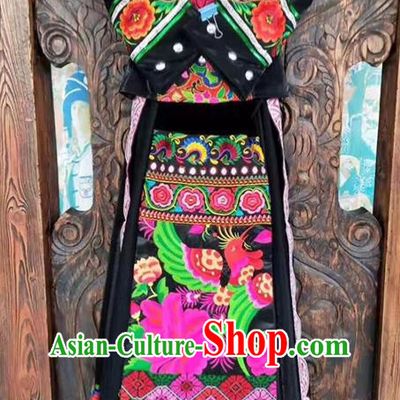 Chinese Yi Ethnic Group Women Garment Costumes Sichuan Minority Festival Black Dress Tujia Nationality Dance Uniforms