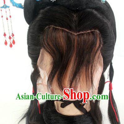 Chinese Peking Opera Young Woman Headdress Ancient Fairy Front Lace Wigs Hair Accessories Beijing Opera Hua Tan Hairpieces