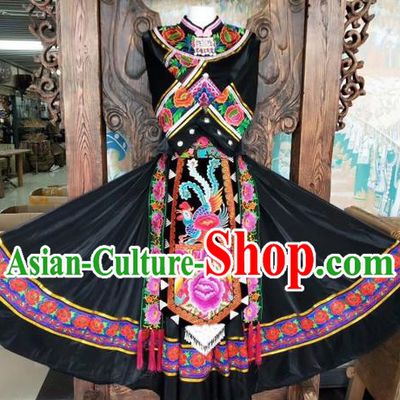 Chinese Miao Nationality Dance Uniforms Yi Ethnic Group Women Garment Costumes Sichuan Minority Festival Black Dress