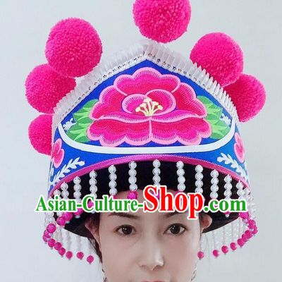 China Yunnan Minority Stage Performance Headdress Ethnic Woman Blue Hat Yi Nationality Dance Embroidered Headwear