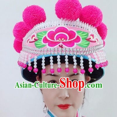 China Yi Nationality Dance Embroidered Headwear Yunnan Minority Stage Performance Headdress Ethnic Woman Pink Hat
