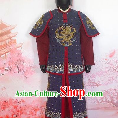 China Ancient Military Officer Garment Costumes Traditional Warrior Shogun Clothing Ming Dynasty General Blue Armor Uniforms and Helmet
