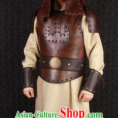 China Ancient General Garment Costumes Traditional Military Officer Clothing Qin Dynasty Soldier Brown Armor Uniforms and Helmet