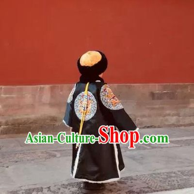 China Traditional Monarch Clothing Qing Dynasty Emperor Black Imperial Robe Uniforms Ancient Royal Highness Garment Costumes and Hat for Kids