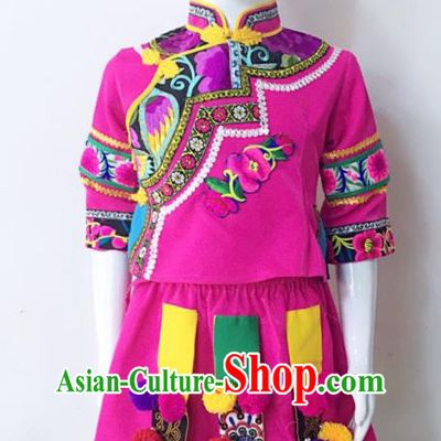 Chinese Hani Minority Children Clothing Yao Nationality Girl Rosy Dress Uniforms Yunnan Ethnic Group Performance Garment Costumes