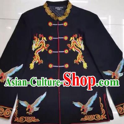 China Ethnic Costume Yi Minority Male Outer Garment Sichuan Nationality Dance Embroidered Black Jacket
