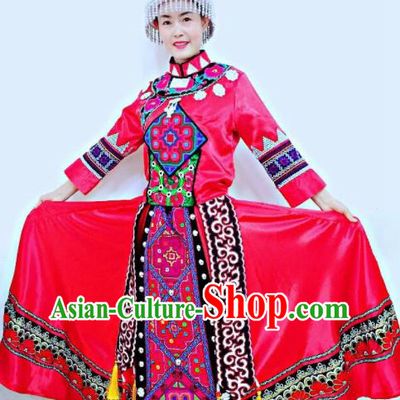 Chinese Xiangxi Ethnic Group Women Garment Costumes Qiang Minority Dance Clothing Yi Nationality Bride Red Uniforms