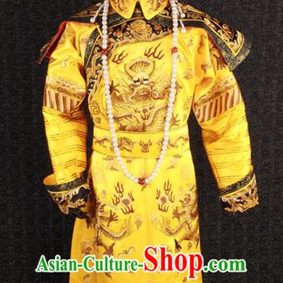 China Qing Dynasty Emperor Uniforms Ancient Royal Monarch Garment Costumes Traditional Embroidered Yellow Robe Clothing and Hat