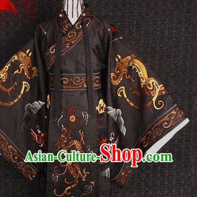 China Traditional Embroidered Black Imperial Robe Clothing Qin Dynasty Emperor Uniforms Ancient Royal King Garment Costumes and Headpiece