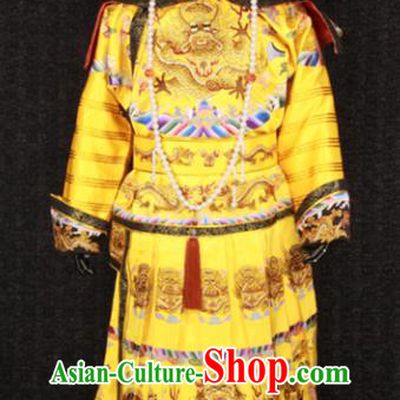China Ancient Royal Lord Garment Costumes Traditional Embroidered Yellow Imperial Robe Clothing Qing Dynasty Emperor Qianlong Uniforms and Hat