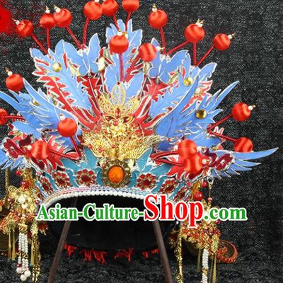 Chinese Ming Dynasty Wedding Hair Accessories Ancient Bride Headdress Traditional Hanfu Blue Phoenix Coronet