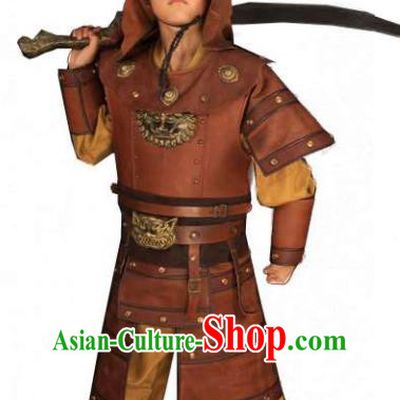 China Song Dynasty General Uniforms Ancient Children Warrior Garment Costumes Traditional Drama Kid Yue Fei Brown Armor Clothing and Hat