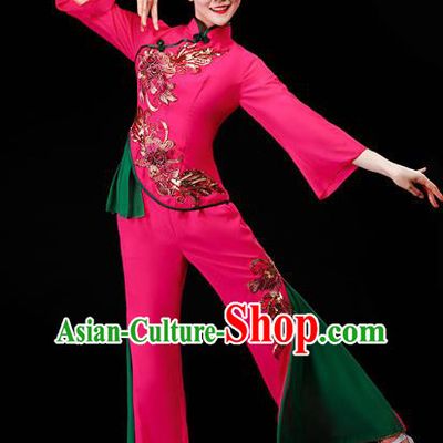 Chinese Yangko Square Performance Clothing Yangge Dance Apparels Folk Dance Rosy Uniforms Traditional Fan Dance Garment Costumes