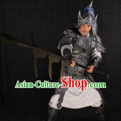 China Three Kingdoms Period General Zhao Yun Uniforms Ancient Warrior Garment Costumes Traditional Drama Military Officer Grey Armor Clothing and Helmet