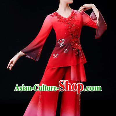 Chinese Folk Dance Red Chiffon Uniforms Traditional Fan Dance Garment Costumes Yangko Dance Clothing Women Square Performance Apparels