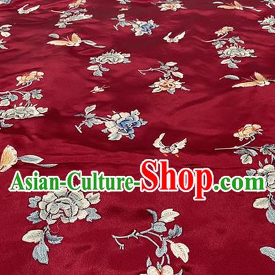 Chinese Tang Suit Silk Drapery Classical Butterfly Pattern Fabric Traditional Qipao Dress Wine Red Satin