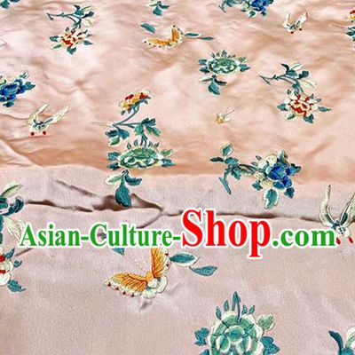 Chinese Tang Suit Drapery Classical Butterfly Flowers Pattern Silk Traditional Qipao Dress Cloth Material Light Pink Satin Fabric