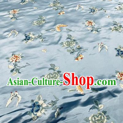 Chinese Traditional Cheongsam Cloth Material Satin Fabric Tang Suit Drapery Classical Butterfly Flowers Pattern Light Blue Silk