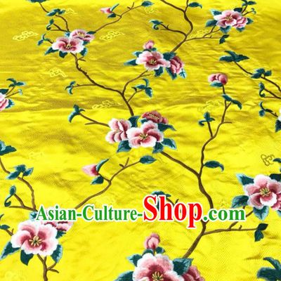 China Court Yellow Brocade Drapery Classical Cheongsam Damask Cloth Traditional Silk Fabric Embroidered Peach Blossom Satin Material