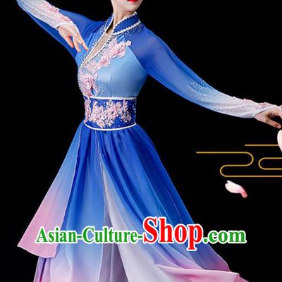 China Umbrella Dance Garment Costumes Women Group Dance Clothing Stage Performance Fashion Uniforms Classical Dance Blue Chiffon Dress