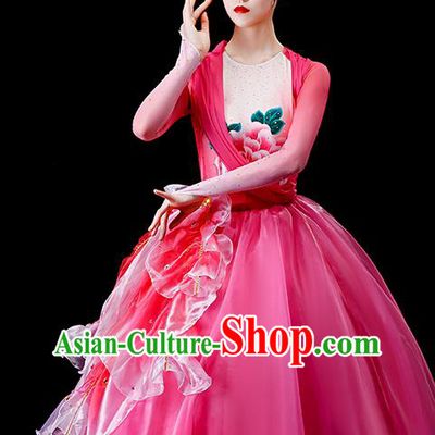Professional Chorus Performance Costume Modern Dance Pink Veil Dress Opening Dance Garment Women Group Peony Dance Fashion