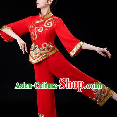 Chinese Women Square Performance Apparels Folk Dance Red Uniforms Traditional Fan Dance Garment Costumes New Year Yangko Dance Clothing