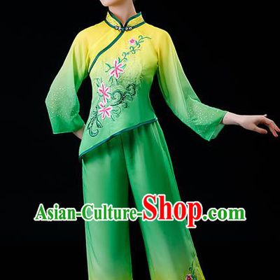 Chinese Traditional Fan Dance Garment Costumes Yangko Dance Clothing Country Women Square Performance Apparels Folk Dance Green Uniforms