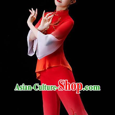 Chinese Traditional Drum Dance Garment Costumes New Year Yangko Dance Clothing Fan Dance Square Performance Apparels Folk Dance Red Chiffon Uniforms
