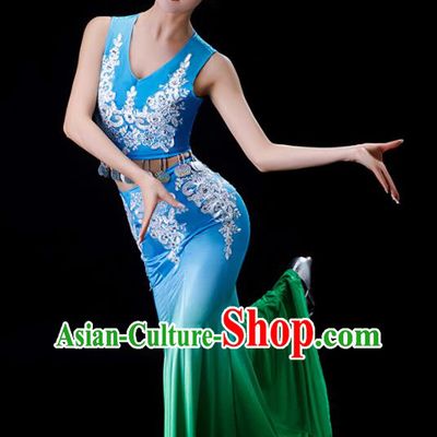 Chinese Dai Nationality Female Clothing Yunnan Minority Folk Dance Garment Costumes Ethnic Festival Peacock Dance Blue Dress Outfits