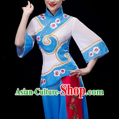 Chinese Yangko Dance Clothing Fan Dance Apparels Folk Dance Blue Uniforms Traditional Women Square Performance Garment Costumes