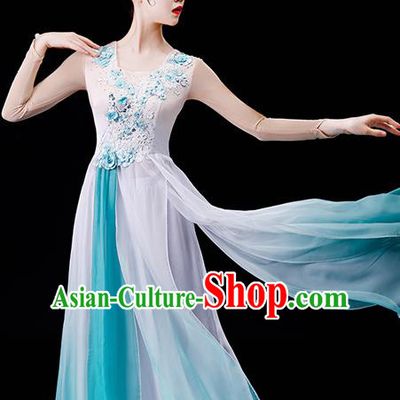 China Stage Performance Fashion Uniforms Classical Dance Light Green Chiffon Dress Umbrella Dance Garment Costumes Women Group Dance Clothing