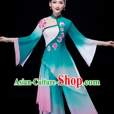 China Umbrella Dance Clothing Stage Performance Fashion Uniforms Classical Dance Green Chiffon Dress Palace Fan Dance Garment Costumes