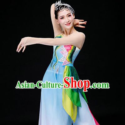 China Classical Dance Blue Dress Jasmine Flower Dance Garment Costumes Jiangnan Umbrella Dance Clothing Stage Performance Fashion Uniforms