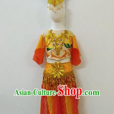 China Thousands Hands Guanyin Clothing Children Stage Performance Red Uniforms Classical Dance Fashion Dress Flying Fairy Dance Garment Costumes and Headpieces