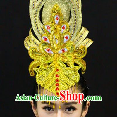 Chinese Flying Goddess Stage Performance Headpieces Classical Dance Hair Accessories Thousands Hands Guanyin Dance Golden Hair Crown